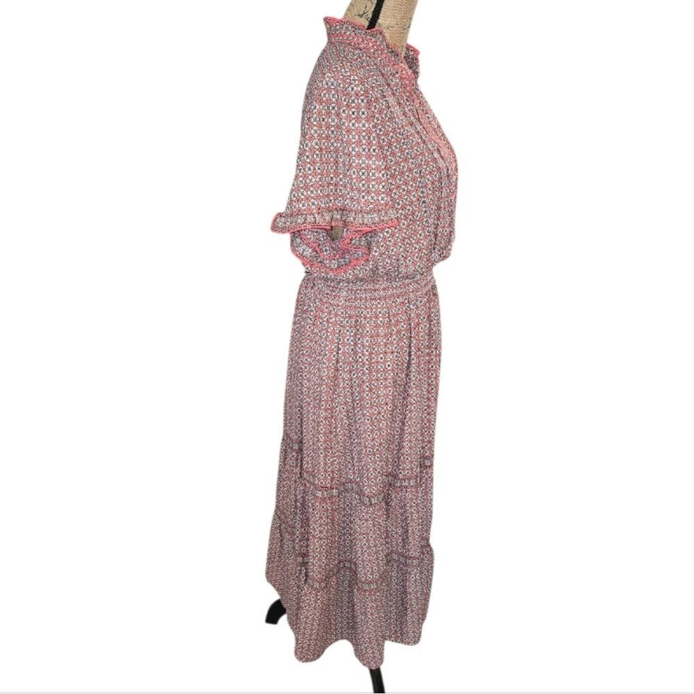 Boho Midi Dress Ruffle Neck Short Sleeve Geometric Print Smocked Waist - Picture 2 of 8
